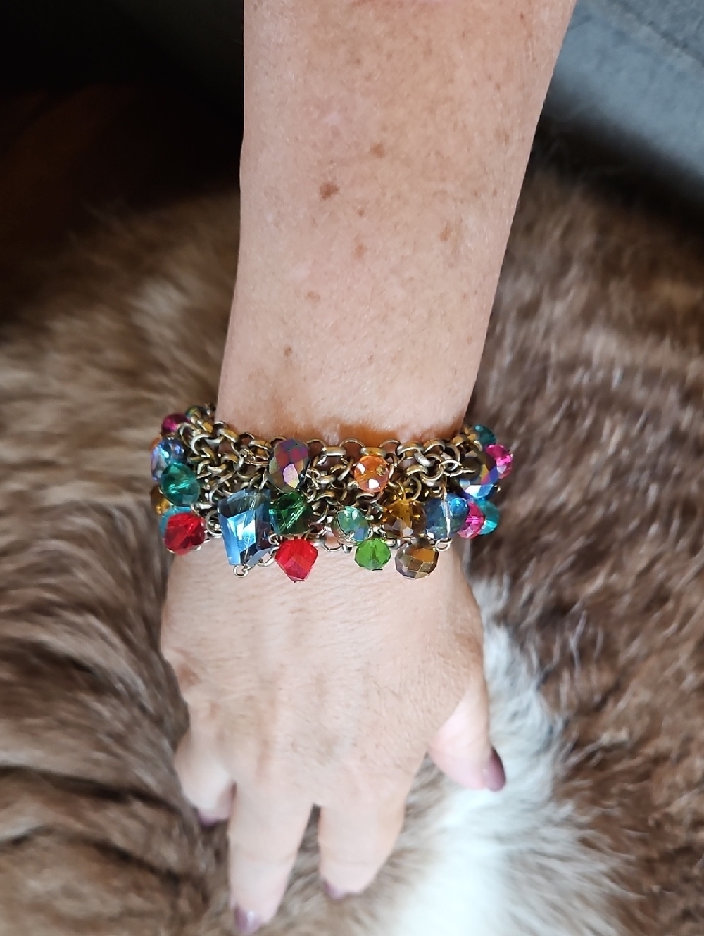 Multicolor Crystal Aurora Borealis Cluster Toggle Mesh Wide Bracelet Gold Tone - Picture 2 of 7